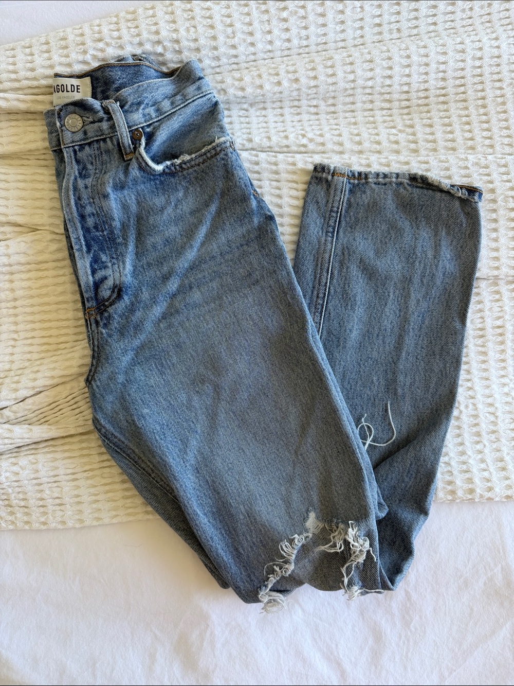 Agolde Light Blue Distressed High-Rise Straight Jeans
